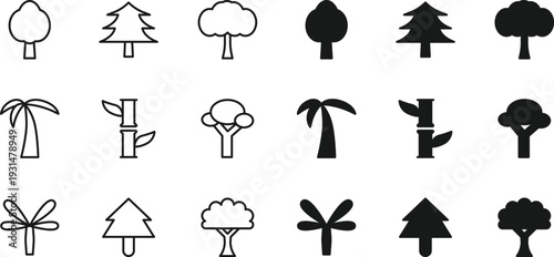 Minimal Tree Icons Collection in Line and Flat Pictogram Style