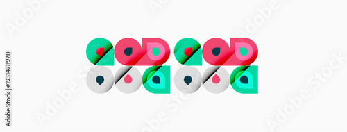 Colorful text spells good repeated twice. Circles overlap creating playful visual effect. Simple design, bright colors, white background.