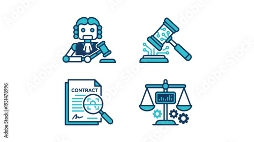 Flat vector icon set sheet featuring Legal & Justice AI, including specific icons: robot judge, digital gavel, contract scan, justice scales