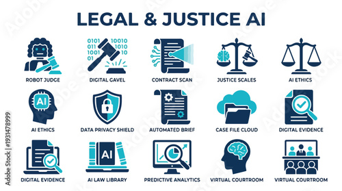 Flat vector icon set sheet featuring Legal & Justice AI, including specific icons: robot judge, digital gavel, contract scan, justice scales