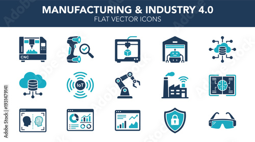Flat vector icon set sheet featuring Manufacturing & Industry 4.0, including specific icons: CNC machine, quality control scanner, 3D printer, warehouse bot