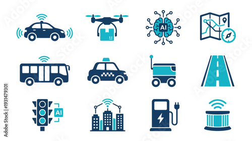 Flat vector icon set sheet featuring Transportation & Autonomous Vehicles, including specific icons: self-driving car, drone delivery, traffic control AI, route optimization map