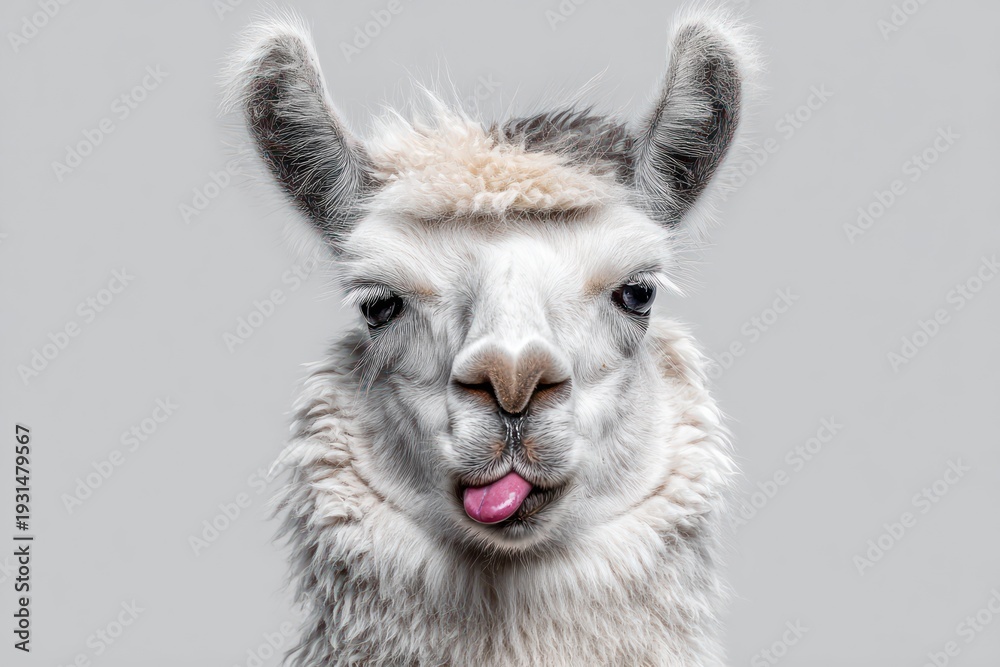 Fototapeta premium Humorous llama making face in studio shot