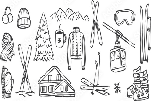 Hand drawn doodle ski essentials collection. summer activities vector