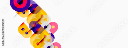 Abstract colorful shapes overlap, creating dynamic visual composition. Bright hues contrast against white background. Modern design element.