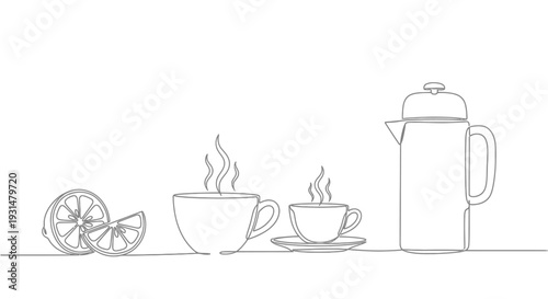 Minimalist continuous line art design showcasing steaming hot drinks in cups, a beverage pot, and refreshing lemon slices, evoking warmth and comfort