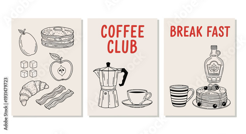 Breakfast and Coffee Club illustrations featuring pancakes, bacon, coffee maker, and fruit