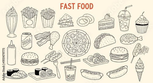 Hand-drawn sketch collection of popular fast food items and snacks. Features burgers, pizza, fries, hot dogs, tacos, sushi, donuts, ice cream, and drinks