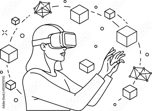 Female user interacts with holographic three dimensional objects and geometric shapes while wearing a modern virtual.