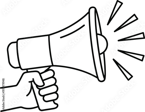 Human hand firmly grips a classic megaphone broadcasting a loud announcement with radiating sound waves illustrated.