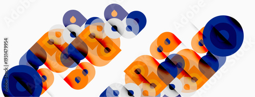 Abstract design features overlapping blue, orange, gray letterforms. Minimalist composition, modern aesthetic, geometric shapes present.