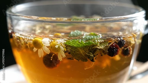 Detailed macro shot of aromatic herbal tea brewing in a glass cup, featuring fresh chamomile flowers, mint leaves, and dried berries for wellness and relaxation.