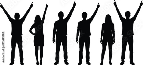 Black silhouette set of men and women pointing upward with raised arms isolated on white background