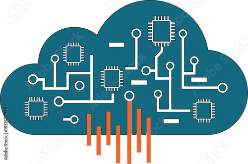 Abstract cloud computing diagram features integrated microchips connected by circuit lines symbolizing powerful data.