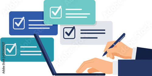 Hands filling out digital surveys on a laptop with multiple completed task checklists floating above.