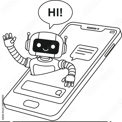 Friendly cartoon robot assistant waves hello while emerging from a modern smartphone screen in a digital communication.