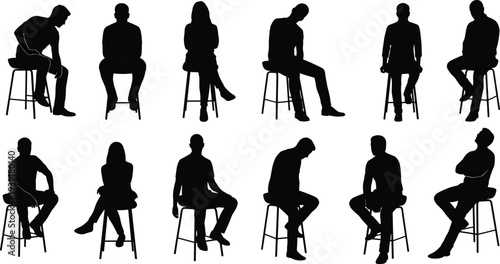 Black silhouette set of diverse people sitting on stools in different poses isolated on white background vector illustration