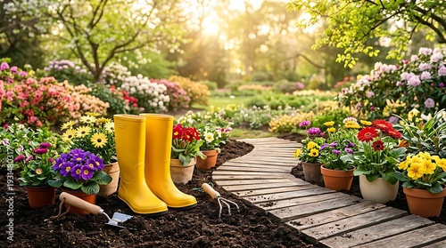 A Vibrant Spring Garden Scene Featuring Yellow Rubber Boots, Gardening Tools, And Colorful Potted Flowers Along A Sunny Wooden Path.