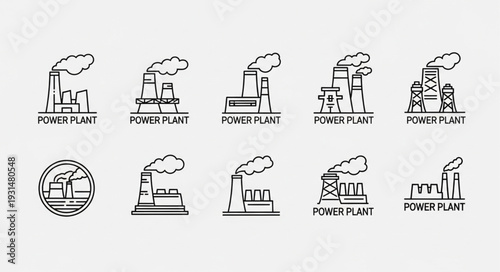 Collection of Industrial Power Plant Icons with Smoke Emitting Chimneys.
