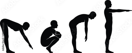 Black silhouette sequence of man performing stretching and squatting exercises isolated on white background vector illustration set
