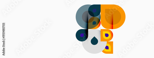 Abstract shapes overlap, creating playful face impression. Colors include orange, blue, gray, purple. Minimalist design, clean aesthetic.