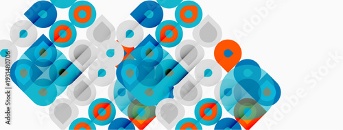Abstract geometric shapes, circles, squares, overlapping forms. Blue, orange, gray color scheme creates modern design.