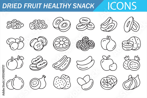 Healthy Food Icon Set – Dried Fruit and Tropical Symbols