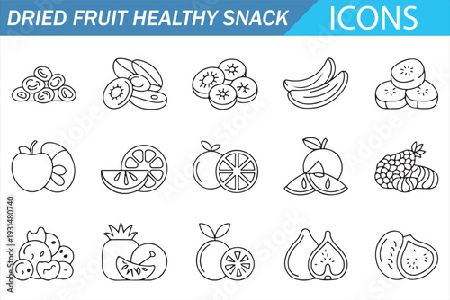 Organic Dried Fruit Line Icons – Natural Food Vector Pack