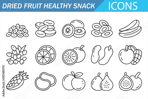 Healthy Snack Icons – Dried Fruit Outline Vector Symbols