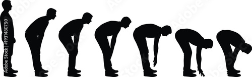 Black silhouette sequence of man bending forward in progressive motion isolated on white background, stretching posture set