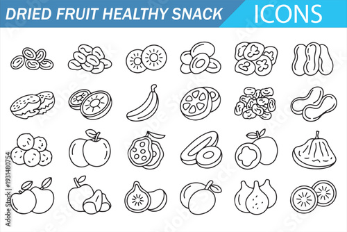 Dried Fruit Healthy Snack Icons Set – Line Outline Vector Collection with Raisins, Banana, Kiwi, Pineapple, Apple, Pear and Citrus Symbols for Organic Food Packaging, Web and Infographic Design