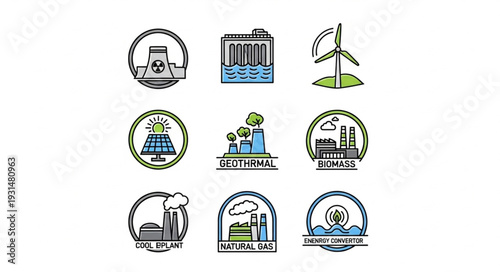 Set of nine different energy source icons in a grid.
