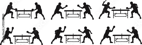 Dynamic black silhouette vector illustration of two players competing in table tennis, showing multiple action poses around professional ping pong table.