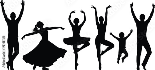 Dance silhouettes of diverse performers including ballet, modern, and expressive poses featuring adults and child in artistic motion illustration