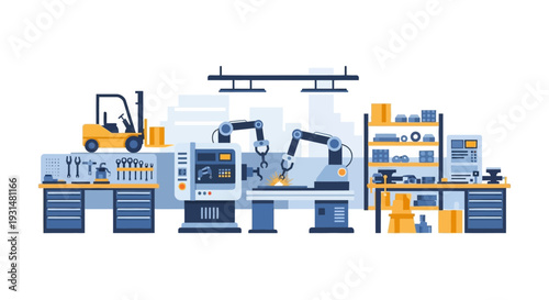 Modern Factory Automation with Robotic Arms, Production Line, and Logistics - Industry 4.0 Flat Vector Illustration