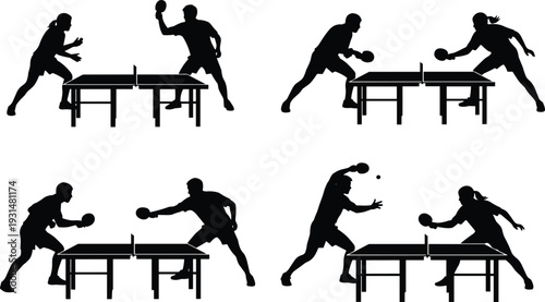 Dynamic silhouette vector illustration of table tennis players in action, competitive ping pong match design for sports and fitness concepts