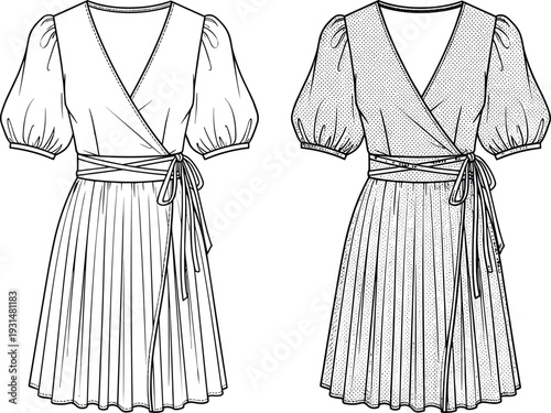 Women wrap pleated dress vector illustration, short puff sleeve midi gown fashion technical drawing front view template