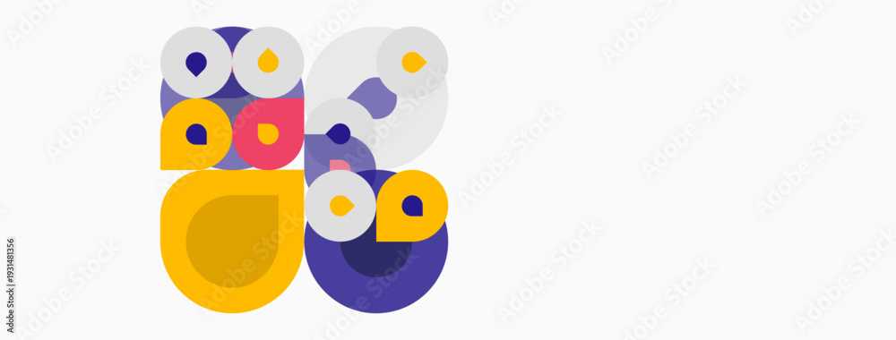 Fototapeta premium Abstract circles, purple, yellow, white. Overlapping shapes create playful composition. Minimalist design, modern aesthetic.