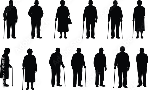 Elderly silhouettes standing, walking, using canes, male and female figures, aging population, healthcare concept, mobility assistance, vector illustration design