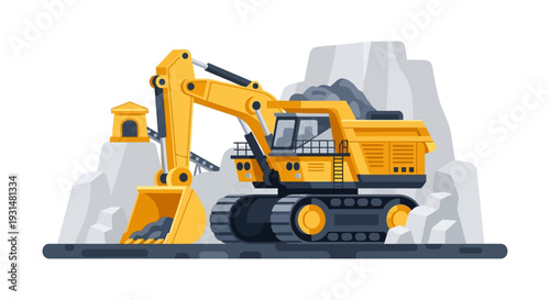 Yellow Excavator at Mining or Construction Site - Heavy Machinery Flat Design Illustration