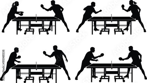 Dynamic silhouettes of table tennis players in action, showcasing competitive energy, athletic posture, and teamwork across multiple ping pong tables.