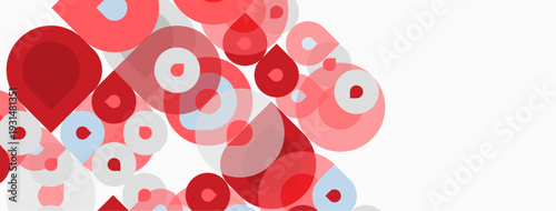 Abstract composition featuring overlapping circles. Red, light red, pale blue hues create dynamic visual texture. Minimalist design.
