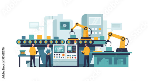 Smart Factory Automation: Robotic Assembly Line, Human Operators & Modern Manufacturing Production