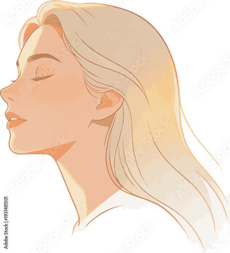  Isolated a Profile beauty portrait of a woman in soft natural light, sunbathing, beauty image vector art with white background..
