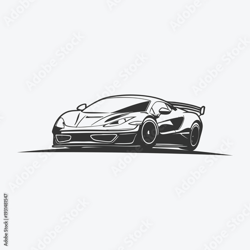 A sleek monochrome line drawing depicts a modern sports car with a prominent rear spoiler