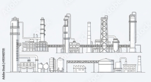 Industrial factory blueprint drawing with multiple towers and structures.