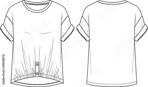 Women casual t shirt vector illustration, front and back view rolled sleeve top, fashion technical drawing template