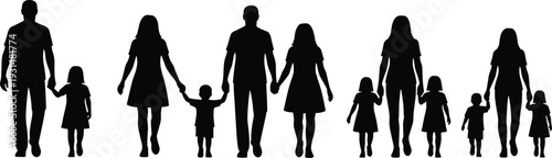 Family silhouettes of diverse parents and children holding hands together in unity, representing love, diversity, and generational bond illustration