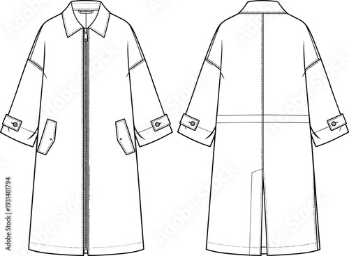 Women long coat vector illustration, front and back view zipper trench coat fashion technical drawing template