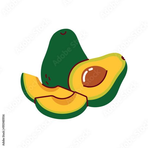 Ripe avocado half with large brown pit showing creamy green texture for nutritional infographics and organic beauty product branding